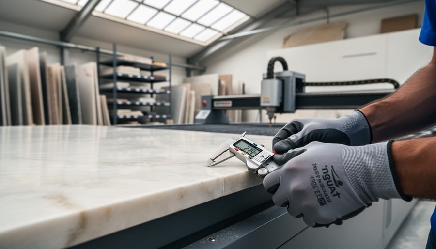 Close-up of gloved hands using digital calipers to measure the polished edge of a marble tabletop on a CNC workbench, with stone slabs and machinery softly blurred in the background.