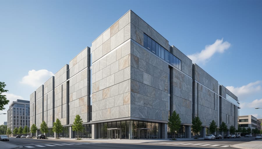 Contemporary skyscraper with innovative natural stone facade panels in geometric pattern