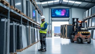 Logistics supervisor with tablet inspecting stacked stone slabs in a bright warehouse while a forklift loads a crate, suggesting modern, efficient stone supply chain operations.