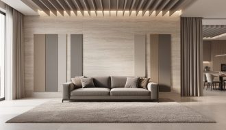 Contemporary living room with a honed limestone feature wall and stone floor, complemented by neutral fabric acoustic panels, suspended ceiling baffles, a thick area rug, upholstered seating, and lined drapery under soft natural daylight.