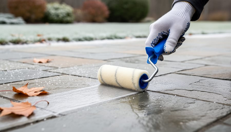 Close-up of a gloved hand rolling clear sealer onto weathered natural stone patio pavers with hairline cracks, salt crystals, wet spots, and scattered autumn leaves, with a softly blurred garden and faint melting frost in the background.