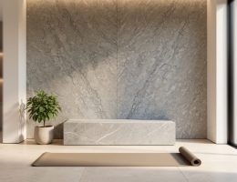 Modern meditation area with limestone floor, granite feature wall, marble bench, and a yoga mat beside a small plant, lit by soft morning light with a blurred garden view through a side window.