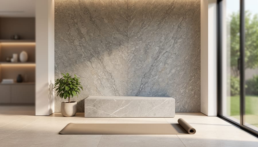 Modern meditation area with limestone floor, granite feature wall, marble bench, and a yoga mat beside a small plant, lit by soft morning light with a blurred garden view through a side window.