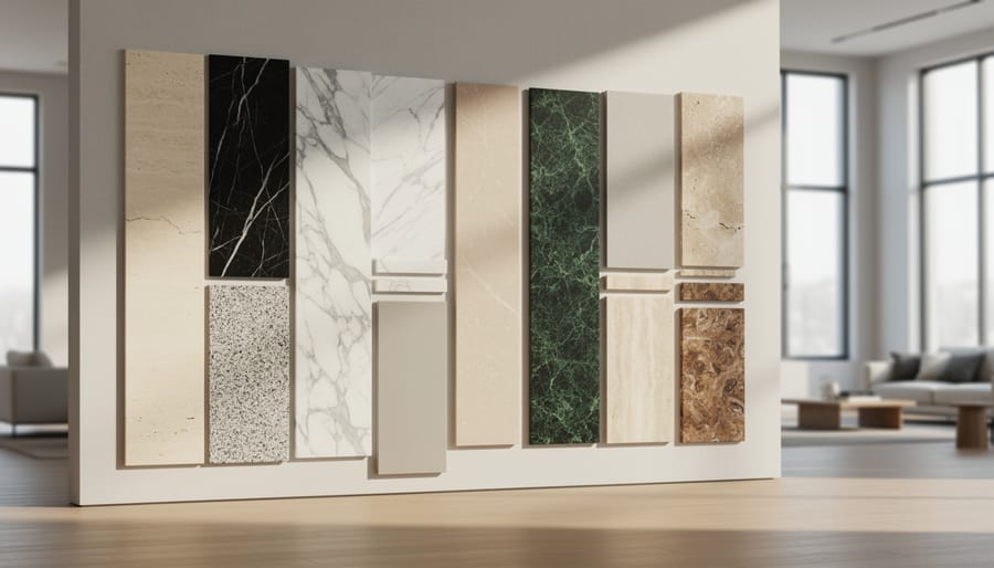 Collection of natural stone samples including marble, limestone, slate and granite showing varied textures