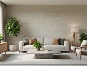 Modern living room with a honed limestone wall, polished marble coffee table, wood accents, and indoor plants lit by soft natural daylight, with a blurred garden outside the window.