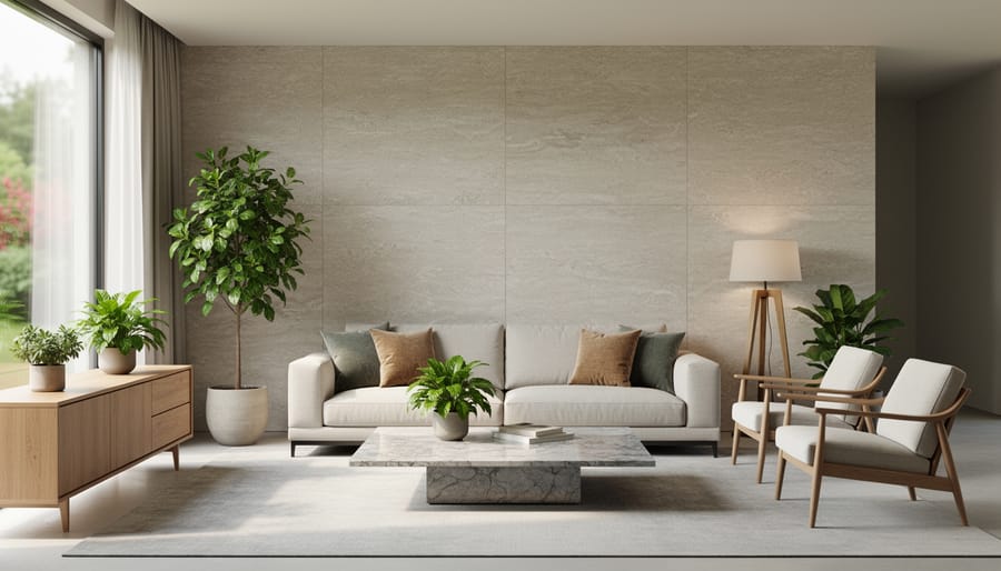 Modern living room with a honed limestone wall, polished marble coffee table, wood accents, and indoor plants lit by soft natural daylight, with a blurred garden outside the window.