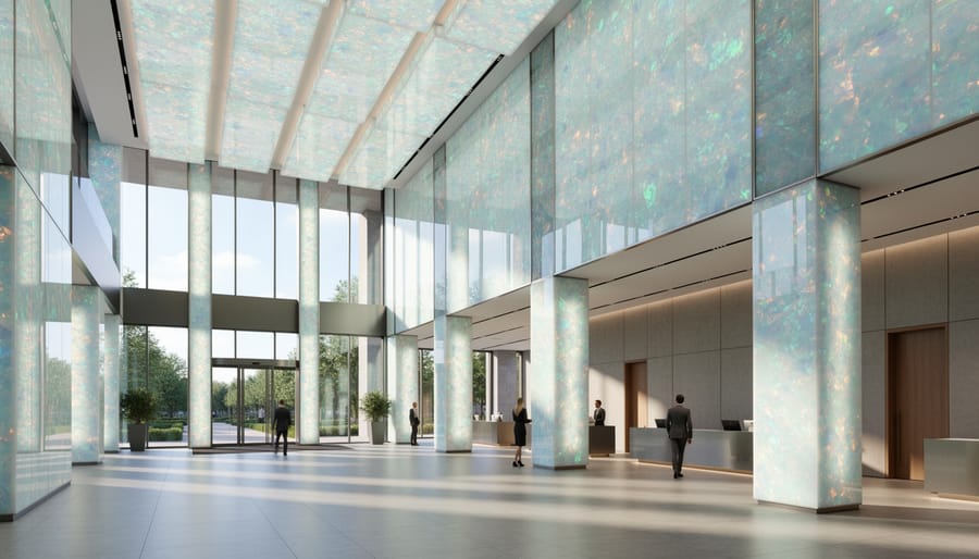 Modern interior featuring backlit precious opal wall panels creating colorful ambient lighting