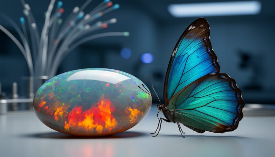 Macro photo of a polished Australian precious opal next to a resting morpho butterfly, both showing vivid iridescent colors, with blurred fiber-optic strands in the background on a lab bench.