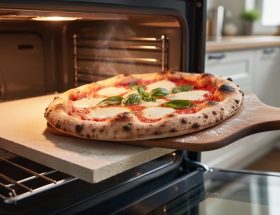Close-up view inside a home oven showing a preheated pizza stone on the lowest rack as a hand slides a margherita pizza from a wooden peel onto the stone, with warm orange oven glow and a softly blurred kitchen in the background.