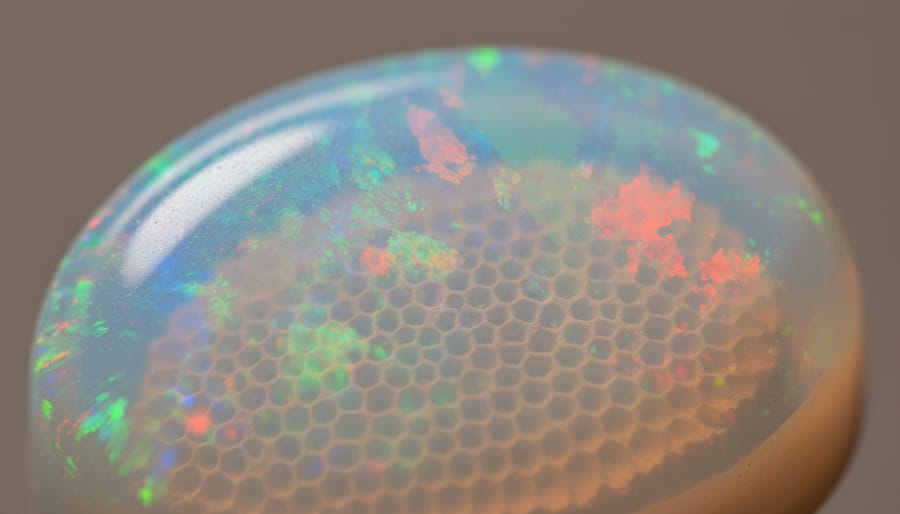 Close-up of precious opal gemstone showing iridescent play-of-color with blue, green, and orange flashes