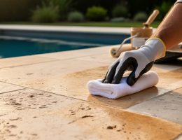 Gloved hand using a microfiber pad to apply a color-enhancing sealer on weathered travertine patio tiles near a pool, warm side lighting, shallow depth of field.