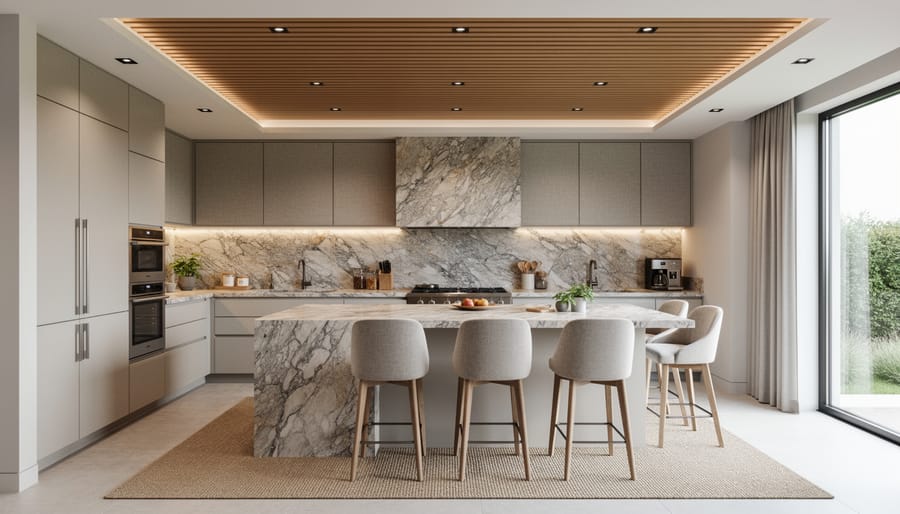 Modern open-plan kitchen featuring granite countertops balanced with wooden ceiling and fabric elements for acoustic control