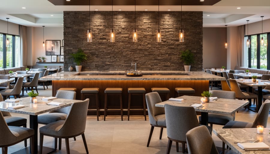 Upscale restaurant interior featuring marble bar countertop with ambient lighting