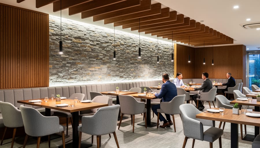 Restaurant interior with limestone feature wall combined with acoustic ceiling panels and fabric seating