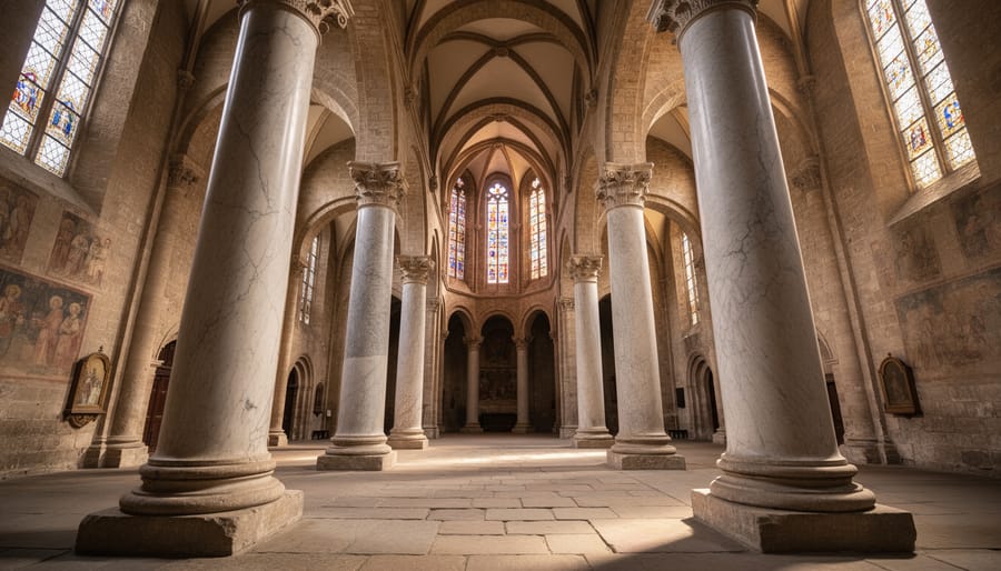 Roman marble columns with Corinthian capitals reused in medieval church architecture