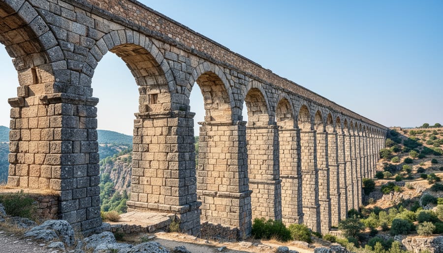 Ancient Roman stone aqueduct arches still standing after centuries of exposure to geological and environmental forces