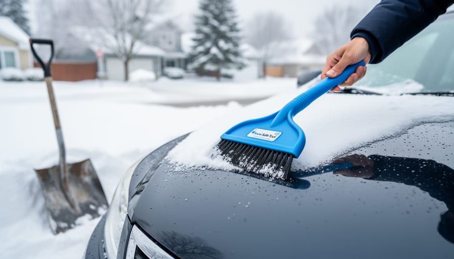 Person using plastic snow shovel on natural stone steps to prevent surface damage