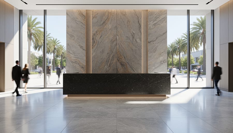 Modern San Jose lobby with honed marble flooring, dark granite reception desk, and quartzite wall panels, lit by natural daylight, with a palm-lined plaza and limestone pavers visible through the glass.