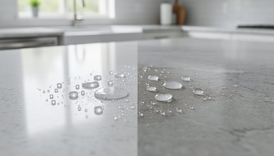 Hands performing water droplet test on granite surface to check sealer effectiveness