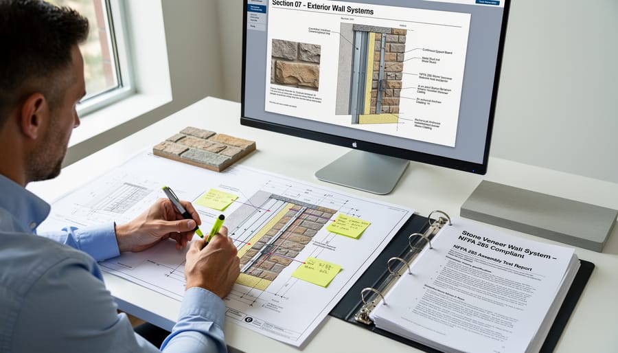 Architect reviewing building plans and stone veneer material specifications at desk