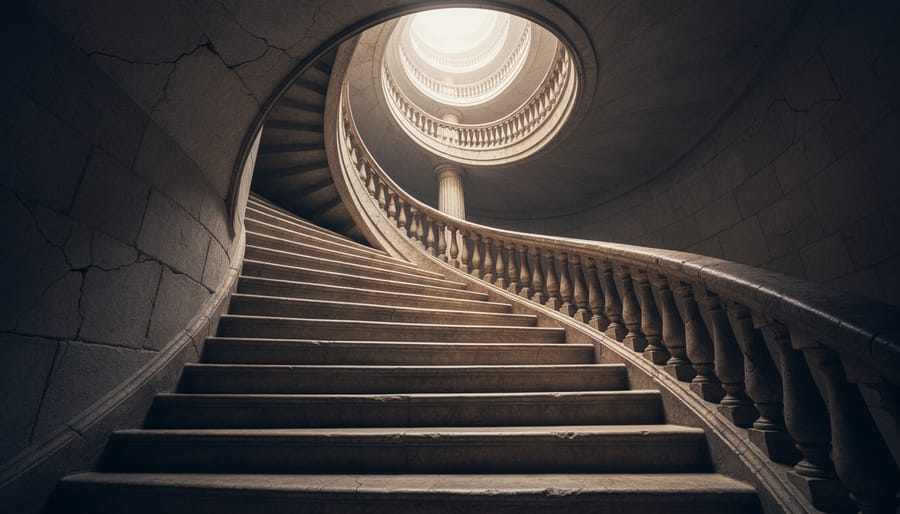 Spiral limestone staircase photographed from below showing curved progression upward