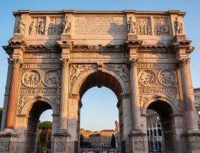 Low-angle view of the Arch of Constantine showing mismatched reused marble relief panels and columns in warm late-day light, with the Colosseum softly blurred behind.