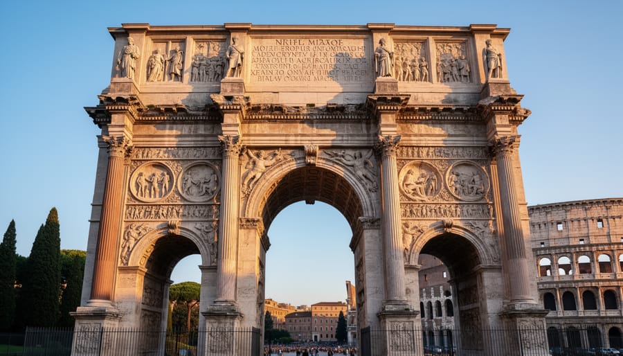 Low-angle view of the Arch of Constantine showing mismatched reused marble relief panels and columns in warm late-day light, with the Colosseum softly blurred behind.