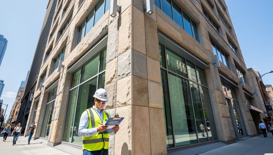 Modern commercial building with natural stone cladding facade viewed from ground level
