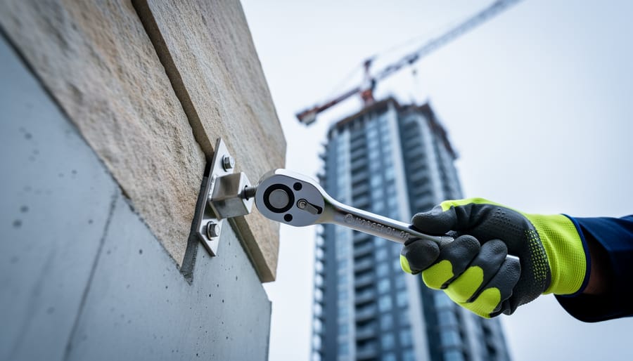 Gloved engineer tightens a stainless steel anchor bracket securing a stone cladding panel to concrete, low-angle view with a blurred high-rise facade and crane in the background under soft overcast light