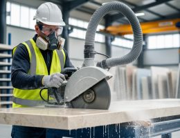 Stone fabricator wearing respirator, goggles, gloves, hard hat, and high-visibility vest using a wet saw on a limestone slab with visible water spray reducing silica dust; blurred workshop background with slab racks, gantry crane, and HEPA hose.