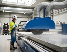 Worker in protective gear operating a wet bridge saw cutting granite as water spray is captured by a flexible ventilation hood and ductwork in a clean stone fabrication shop, with dust collector and forklift softly blurred in the background.
