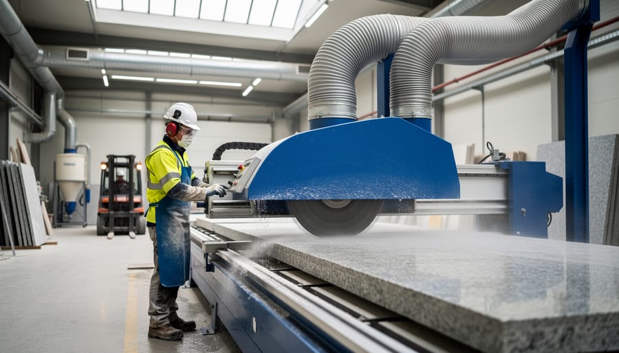 Worker in protective gear operating a wet bridge saw cutting granite as water spray is captured by a flexible ventilation hood and ductwork in a clean stone fabrication shop, with dust collector and forklift softly blurred in the background.