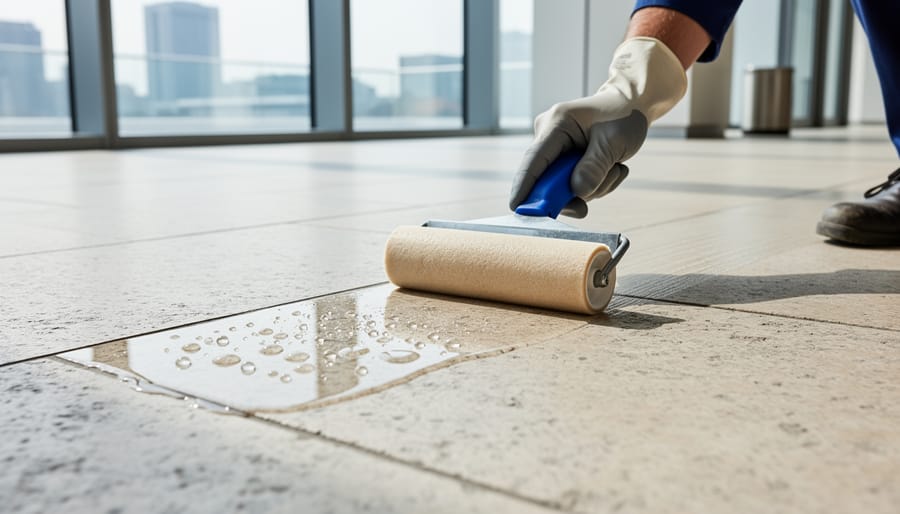Professional applying stone sealer to textured floor while maintaining slip resistance