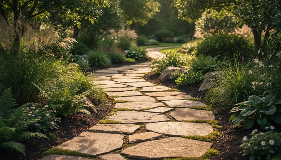 Flagstone garden pathway winding through lush greenery with natural lighting