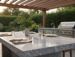 Granite outdoor dining table with a honed finish in an outdoor kitchen at golden hour, sharply focused tabletop with blurred stainless grill, stone cabinetry, pergola, and landscaped garden in the background.