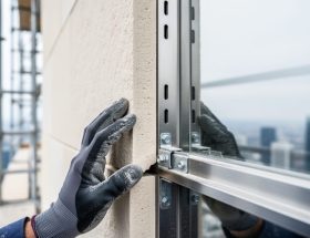 Gloved installer aligning a limestone facade panel onto stainless steel undercut anchor rails on a high-rise, with blurred scaffolding and city skyline in the background