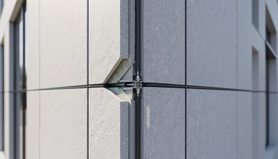 Construction worker installing stone cladding panel with expansion joint