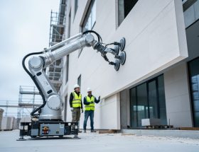 Mobile robotic arm with vacuum grippers positioning a large limestone panel on a building facade as two workers in PPE supervise, with scaffolding and stacked stone in the background under soft overcast light.