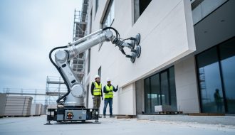 Mobile robotic arm with vacuum grippers positioning a large limestone panel on a building facade as two workers in PPE supervise, with scaffolding and stacked stone in the background under soft overcast light.