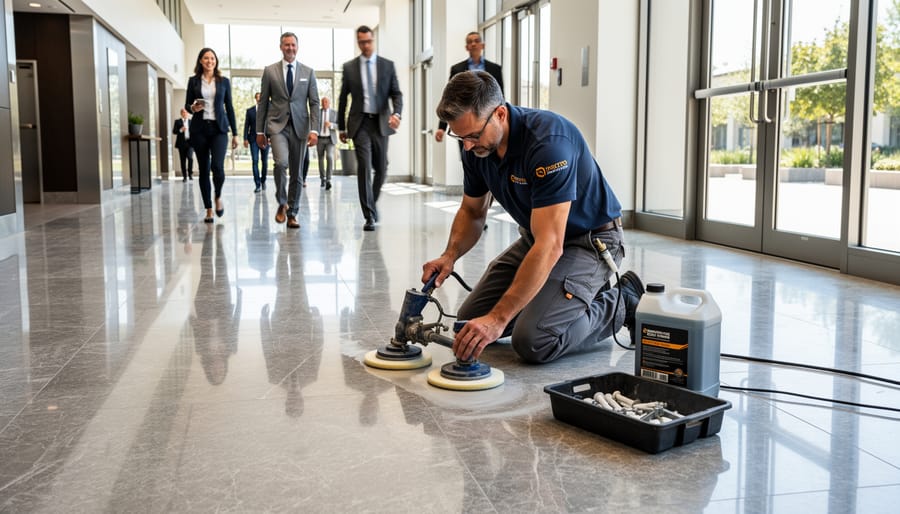 Professional applying protective sealer to natural stone flooring in commercial space