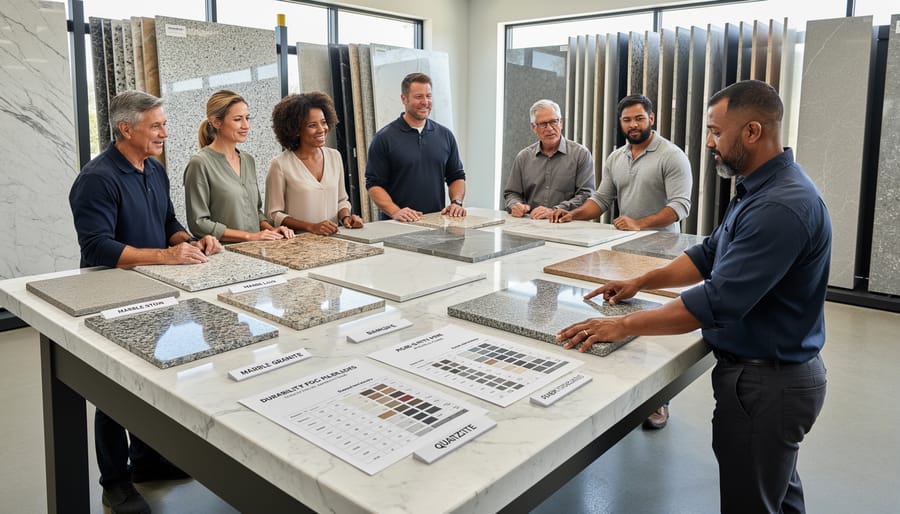 Three natural stone slabs showing marble, granite, and quartzite varieties for furniture fabrication