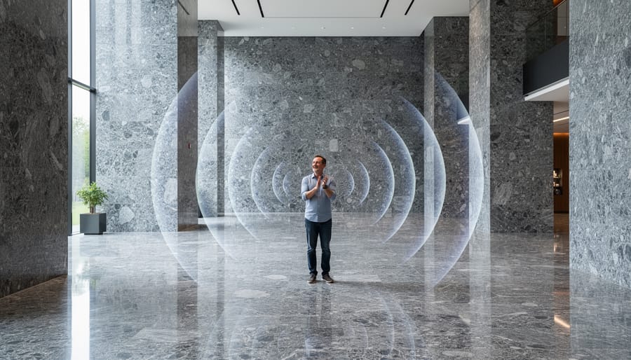 Polished marble wall in modern interior showing reflective surface properties
