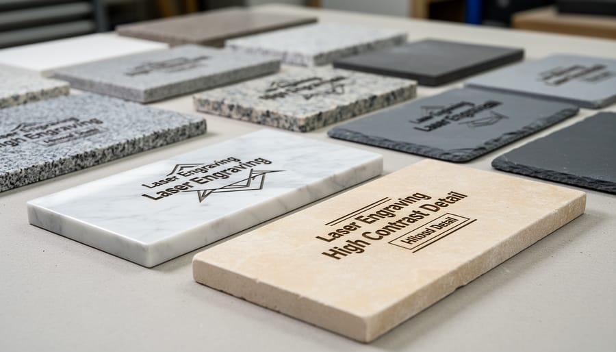 Three polished stone samples showing laser engraving quality on marble, limestone, and granite