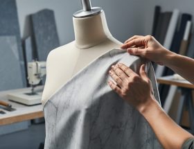 Close-up of hands applying an ultra-thin marble veneer to a mannequin in a fashion studio, with chiseling tools, stone slabs, and fabric rolls softly blurred in the background.