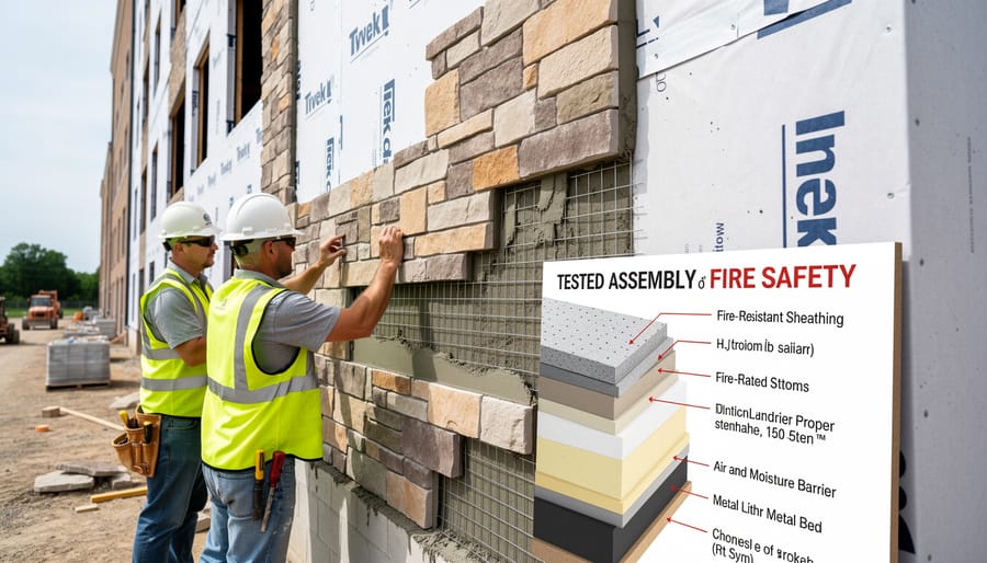 Construction workers installing stone veneer panels on commercial building exterior