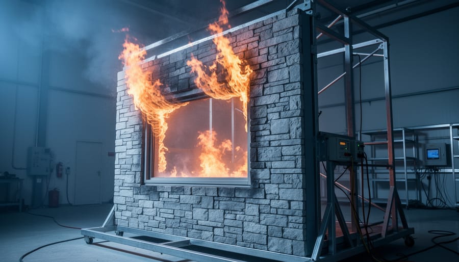 Stone veneer exterior wall assembly in a test lab during a fire test, flames venting from a window opening toward the upper facade, with blurred scaffolding and safety equipment in the background.