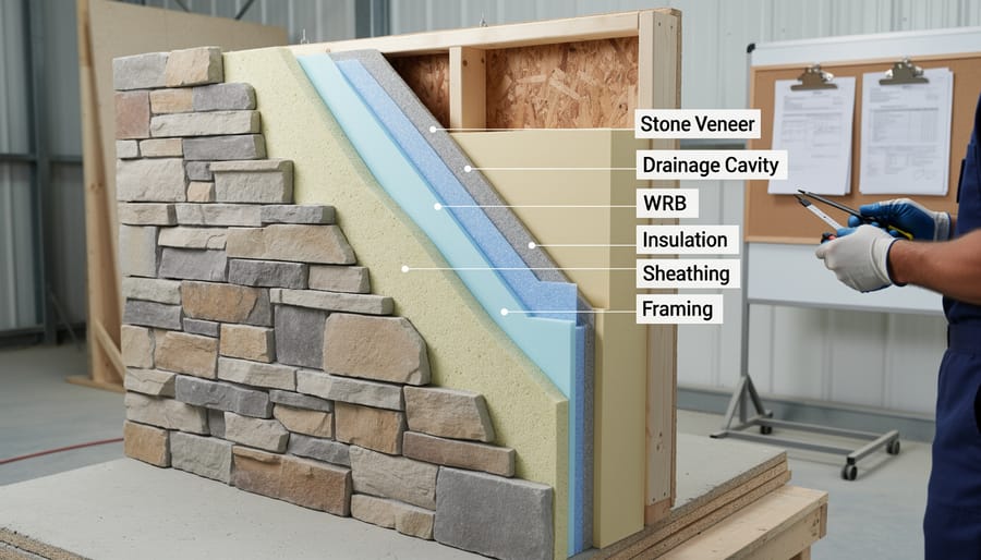 Cross-section view of stone veneer wall assembly showing multiple material layers including insulation and moisture barriers