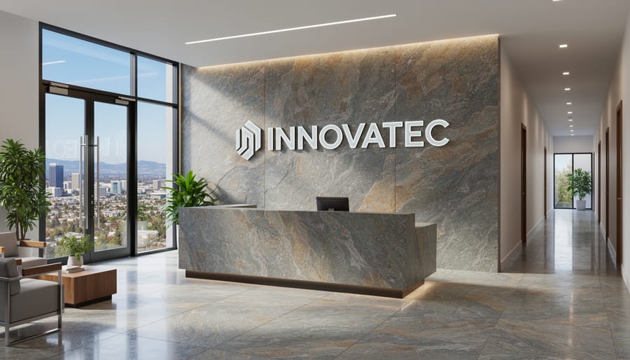 Modern tech office lobby with polished granite reception desk and natural stone accent wall