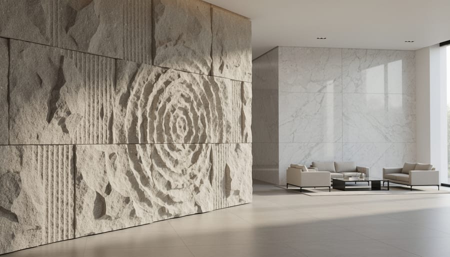 Close-up of carved travertine wall panel showing three-dimensional relief texture