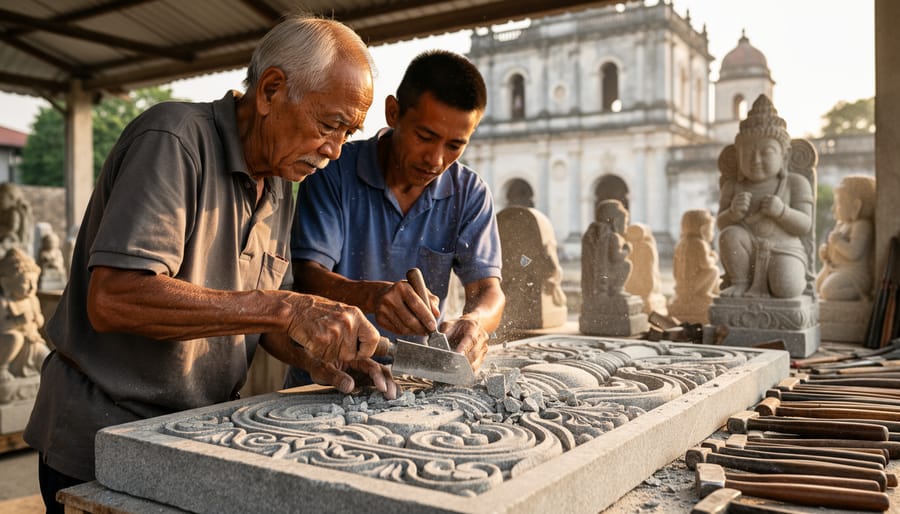 Traditional stone carver's hands working with hand tools on culturally significant marble patterns